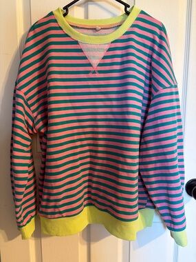 Striped Neon Trim Pullover Sweatshirt - Pink & Teal
